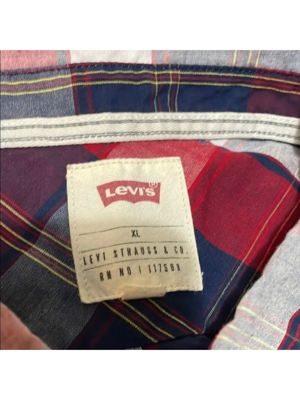 Levi's Men's Red and Blue Plaid Shirt  Size Medium